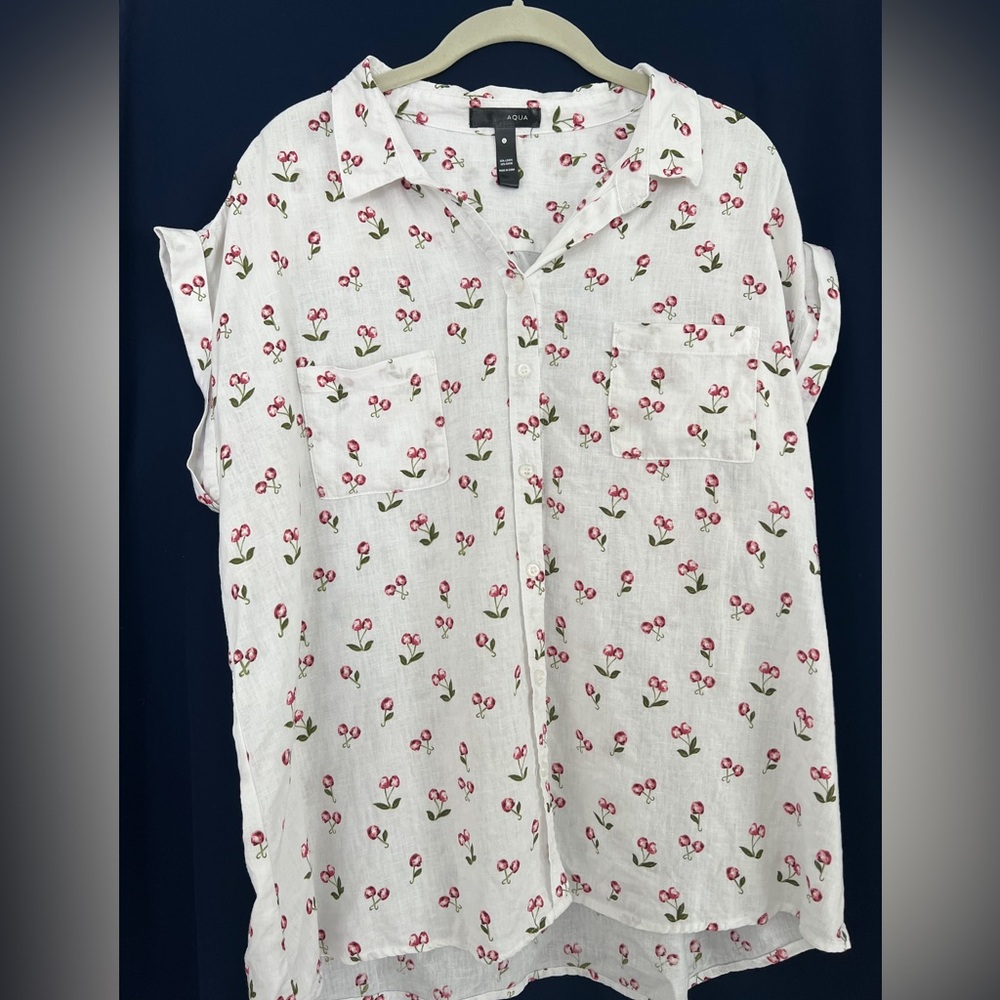 Aqua Cherry Blossom Button-Down Short Sleeve Shirt